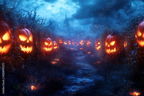 Spooky Halloween Pumpkin Path at Night 