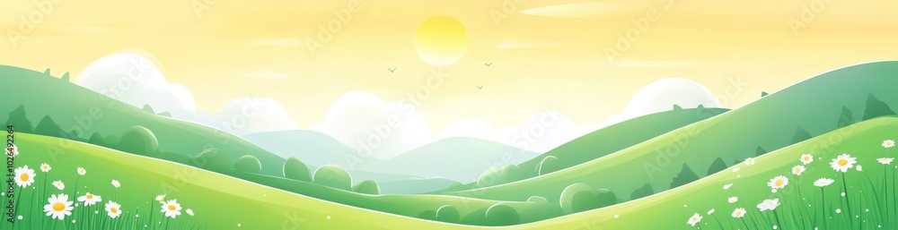Fototapeta premium A serene landscape featuring rolling hills, flowers, and a bright sun in a pastel sky.