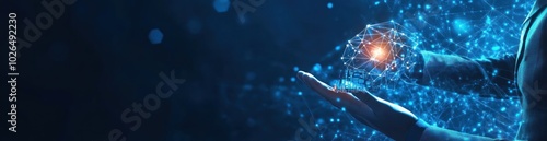 A digital representation of hands holding a glowing, interconnected network symbolizing technology.