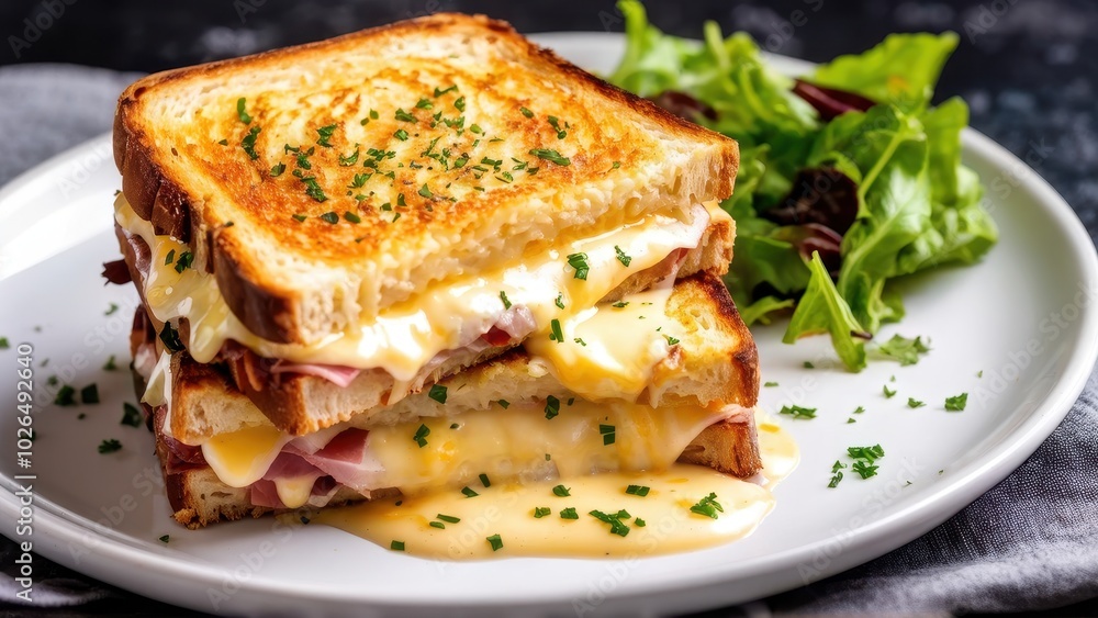 A delicious stacked grilled cheese sandwich with salad, showcasing comfort food appeal. A delicious stacked grilled cheese sandwich with salad, showcasing comfort food appeal.