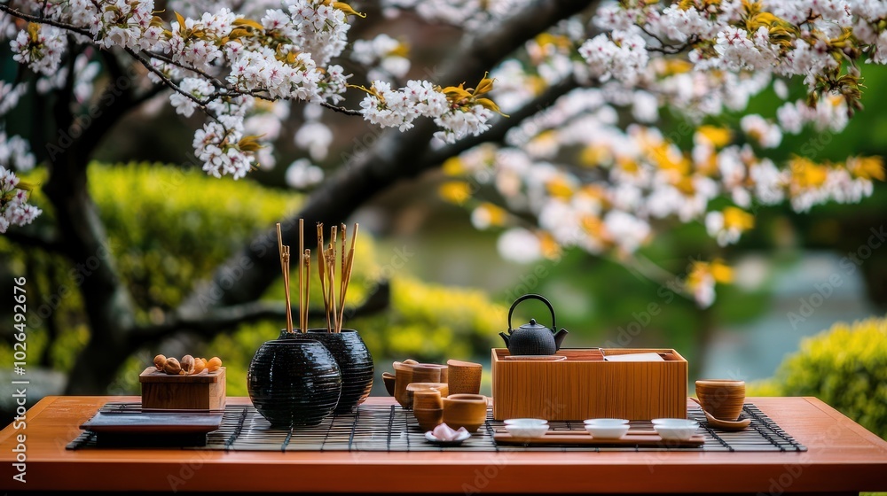 A serene tea setup under cherry blossoms, emphasizing tranquility and cultural appreciation. A serene tea setup under cherry blossoms, emphasizing tranquility and cultural appreciation.