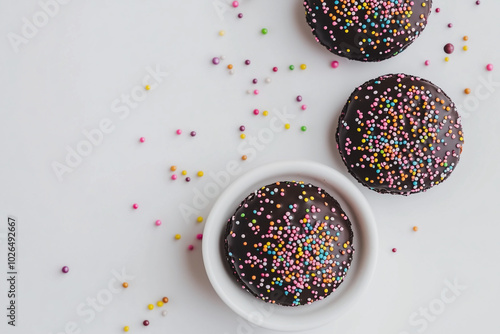 Overhead view of chocolate cookies with colorful sprinkles