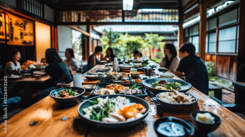 A communal dining experience featuring various traditional dishes in a serene setting. A communal dining experience featuring various traditional dishes in a serene setting.
