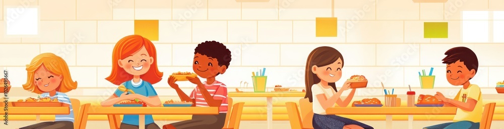 Children enjoying lunch together in a bright cafeteria setting. Children enjoying lunch together in a bright cafeteria setting.