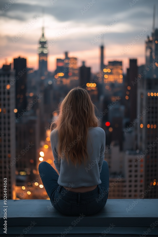 A woman with long red hair is sitting on a ledge overlooking a city. The city is lit up at night, creating a warm and inviting atmosphere. The woman is lost in thought A woman with long red hair is sitting on a ledge overlooking a city. The city is lit up at night, creating a warm and inviting atmosphere. The woman is lost in thought