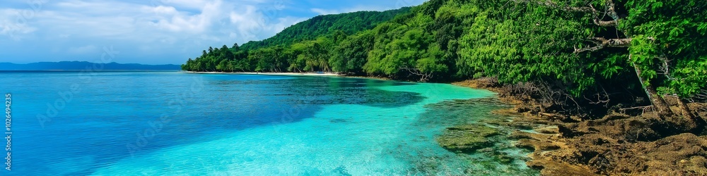 A beautiful blue ocean with a green shoreline. The water is calm and the sky is clear A beautiful blue ocean with a green shoreline. The water is calm and the sky is clear