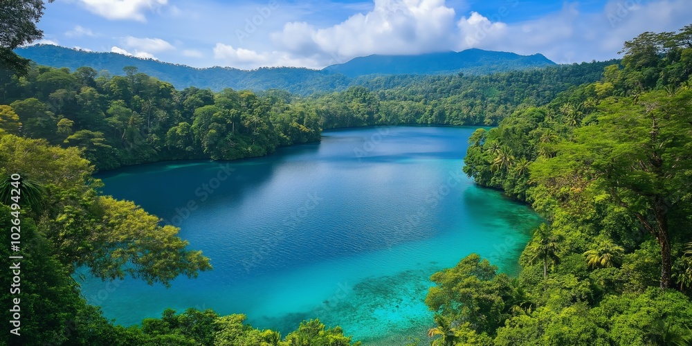 A beautiful lake surrounded by trees and mountains. The water is blue and calm. The scene is peaceful and serene A beautiful lake surrounded by trees and mountains. The water is blue and calm. The scene is peaceful and serene
