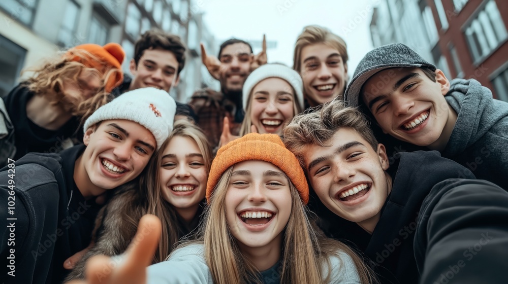 custom made wallpaper toronto digitalGroup of cheerful young people taking a selfie outdoors with urban buildings in the background, all wearing casual winter clothing and beanies.