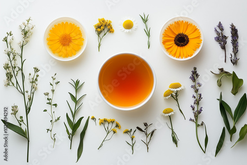 Background Natural decoction of calendula, St. John's wort and chamomile surrounded by flowers