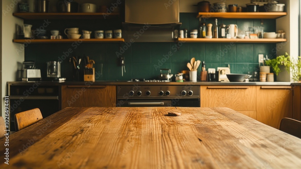 A cozy kitchen with wooden table, shelves, and cooking appliances. A cozy kitchen with wooden table, shelves, and cooking appliances.