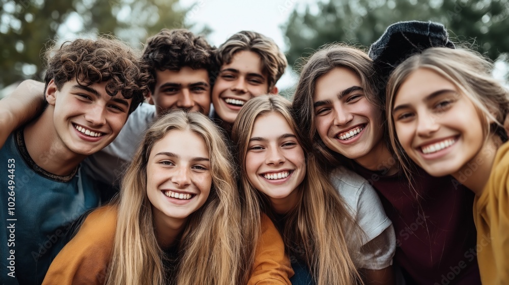 Group of cheerful teenagers smiling and posing closely together outdoors, with trees in the background. Group of cheerful teenagers smiling and posing closely together outdoors, with trees in the background.