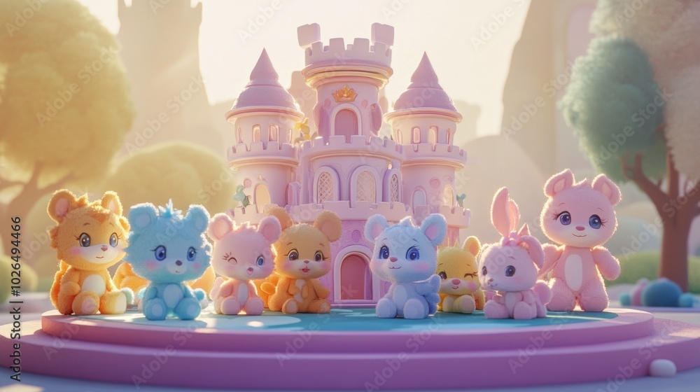 A colorful group of cute, cartoonish animals in front of a whimsical castle. A colorful group of cute, cartoonish animals in front of a whimsical castle.
