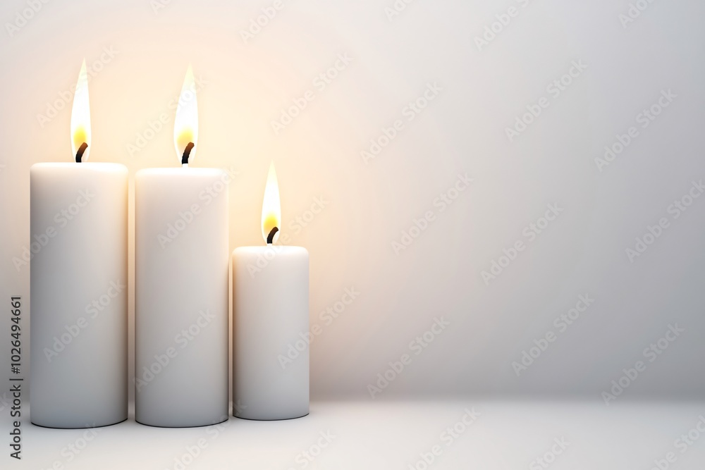 Three candles are lit and are on a white background Three candles are lit and are on a white background