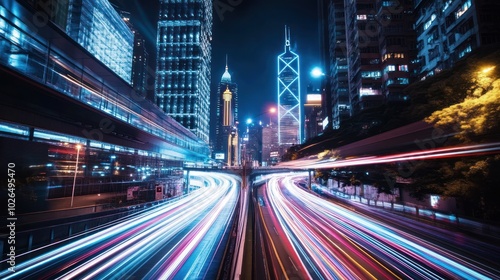 Nighttime cityscape with light trails from vehicles, showcasing urban energy and movement.