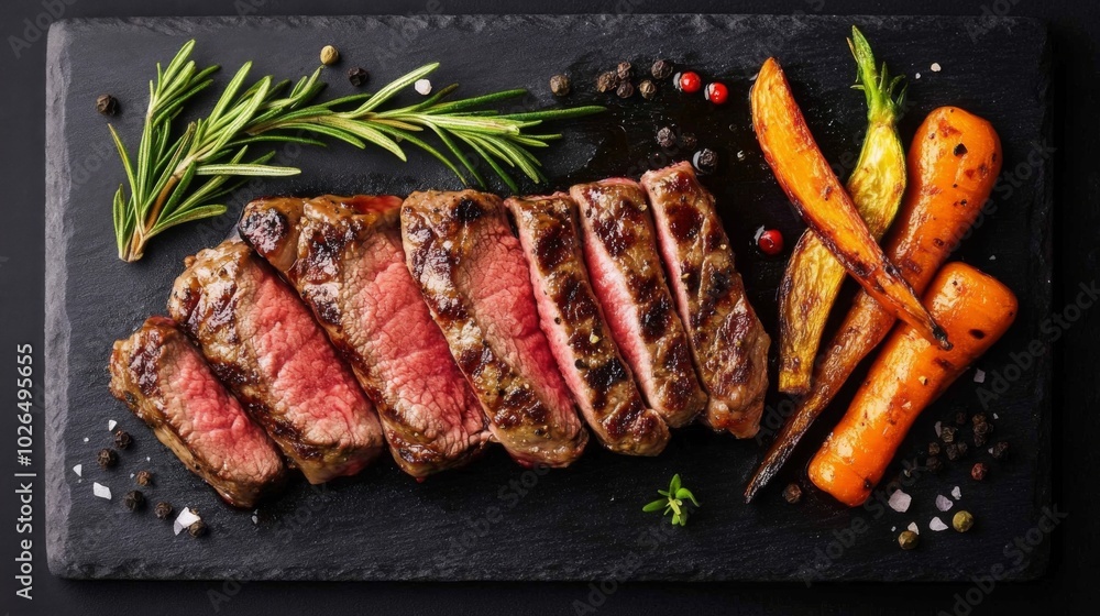 Grilled Steak with Colorful Vegetables on Slate Board Grilled Steak with Colorful Vegetables on Slate Board
