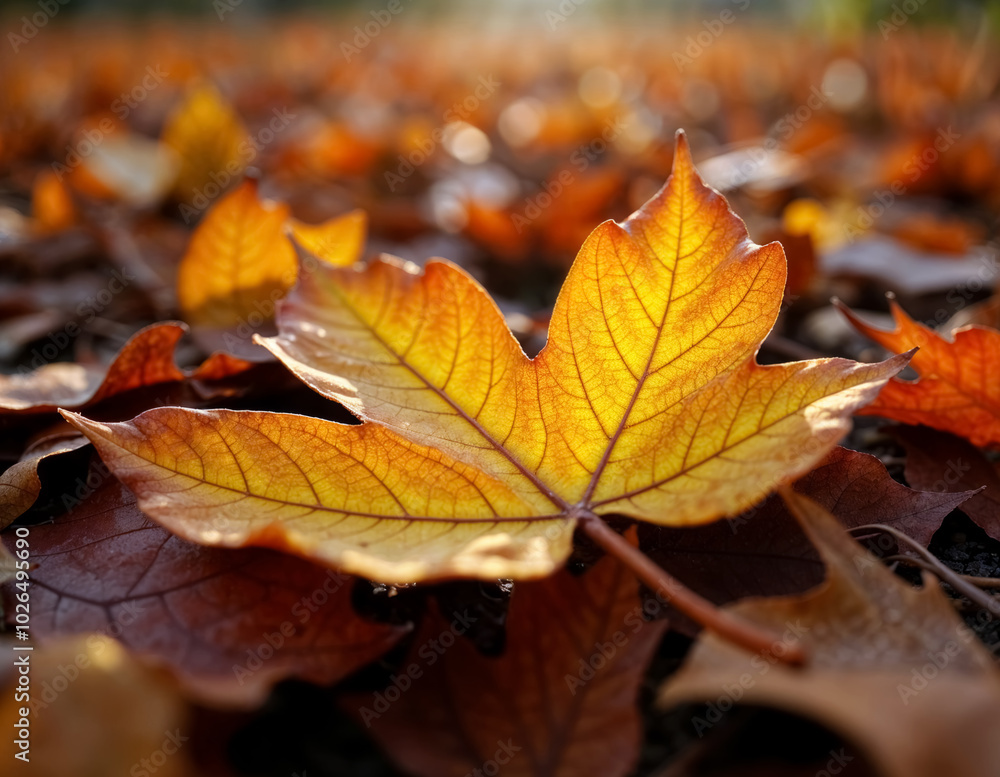 A close-up of a golden autumn leaf on the ground, surrounded by other fallen leaves A close-up of a golden autumn leaf on the ground, surrounded by other fallen leaves