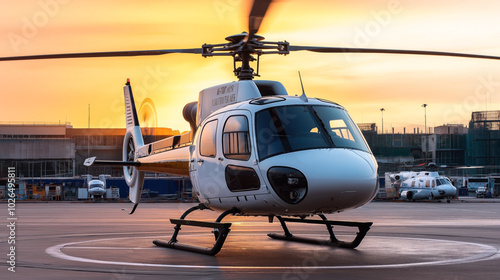 White helicopter on a helipad at an airport during sunset, with rotor blades spinning and other helicopters in the background. photo