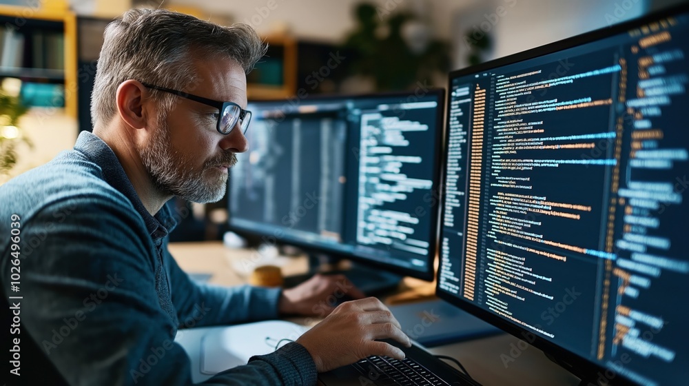 Man with gray beard and glasses working on code at a computer desk with dual monitors displaying programming code. Man with gray beard and glasses working on code at a computer desk with dual monitors displaying programming code.
