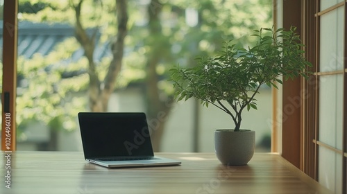 A serene workspace featuring a laptop and a potted plant by a window with natural light.