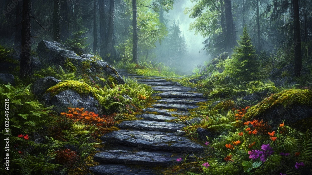 Obraz premium Stone Steps Through a Misty Forest Path
