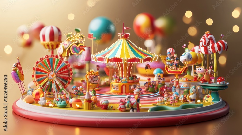 A vibrant miniature carnival scene with colorful attractions and playful characters. A vibrant miniature carnival scene with colorful attractions and playful characters.