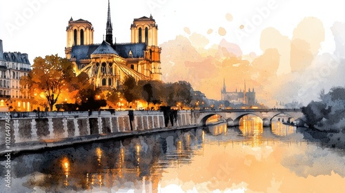 Wallpaper Mural Watercolor Scene of Notre Dame at Sunset Torontodigital.ca