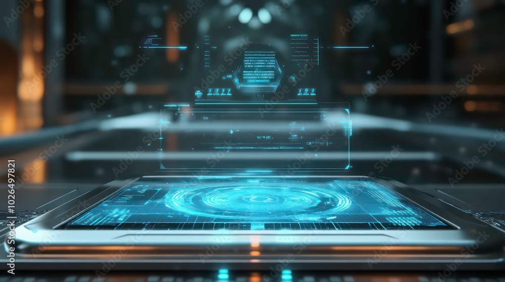 A futuristic tablet computer with a glowing blue interface, displaying digital data and information. A futuristic tablet computer with a glowing blue interface, displaying digital data and information.