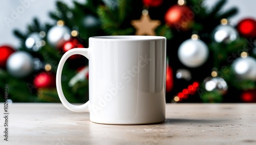 White ceramic coffee mug Christmas mockup closeup with decorated pine tree background