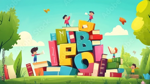 A colorful stack of books with children reading and playing in a vibrant outdoor setting.