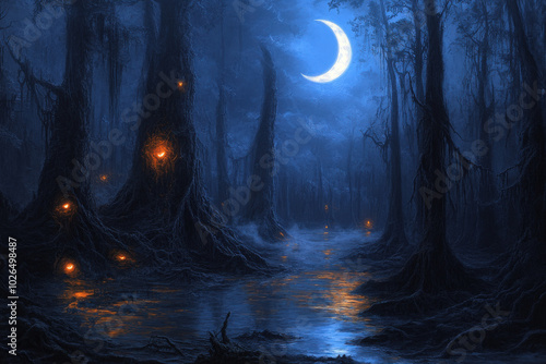 Mystical Moonlit Forest with Fireflies 