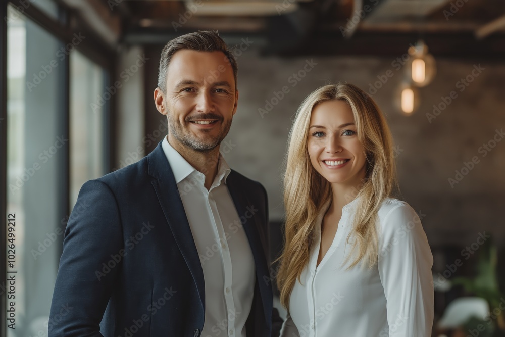 A man and woman are smiling for the camera in a room with a potted plant. Scene is happy and friendly A man and woman are smiling for the camera in a room with a potted plant. Scene is happy and friendly