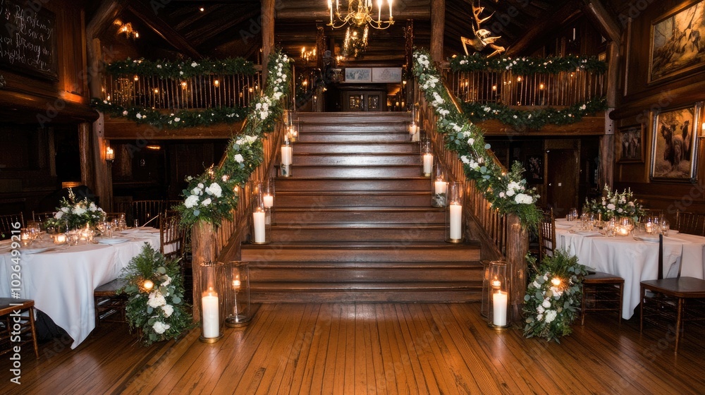 Three round green wreaths with eucalyptus hang from the stairs, each paired with golden candle-holders beneath, enhancing the inviting winter atmosphere Three round green wreaths with eucalyptus hang from the stairs, each paired with golden candle-holders beneath, enhancing the inviting winter atmosphere