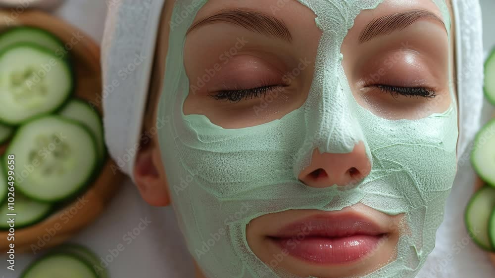 Woman face close-up with cucumber facial mask. Skincare and treatment. Loop footage. Top view. High quality 4k footage Woman face close-up with cucumber facial mask. Skincare and treatment. Loop footage. Top view. High quality 4k footage