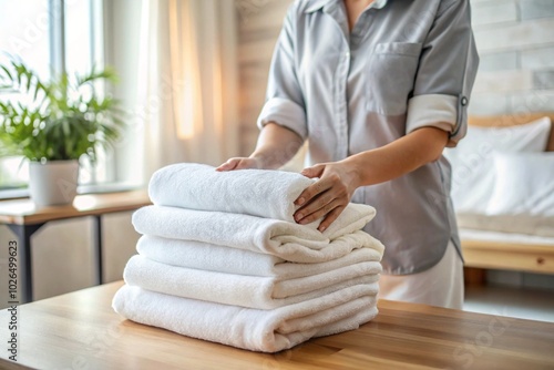 A woman is holding a stack of white towels