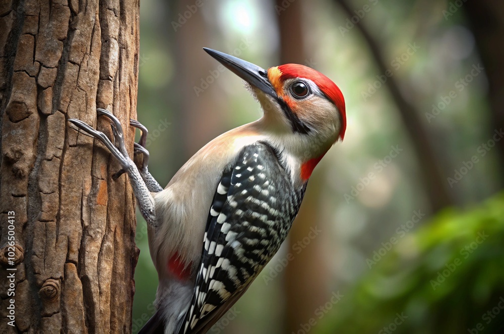 Fototapeta premium Capture a busy woodpecker pecking at a tree trunk, with its vibrant colors standing out against the bark. 