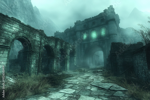 Mysterious Ancient Ruins in Misty Forest