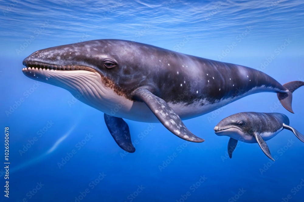 Naklejka premium Feature a mother whale swimming alongside her calf, highlighting their bond as they glide through the ocean.