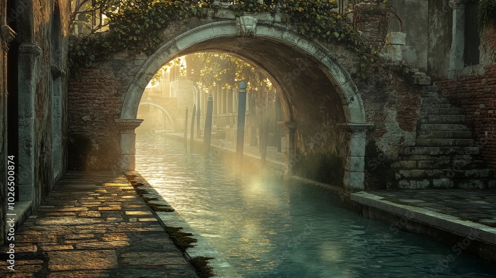 Sunlit Mist and Stone Archway Over Canal in Venice Sunlit Mist and Stone Archway Over Canal in Venice