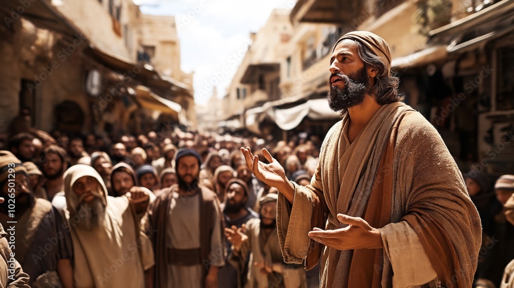 A bearded man in traditional Middle Eastern attire gestures while speaking to a crowd in a historical marketplace setting. A bearded man in traditional Middle Eastern attire gestures while speaking to a crowd in a historical marketplace setting.