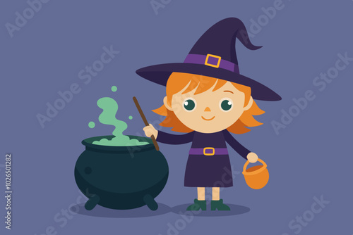 Kid dressed as a witch stirring a cauldron for HALLOWEEN