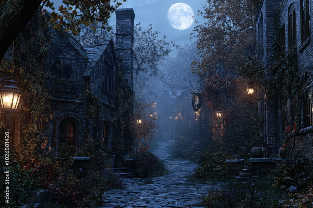 Obraz premium Moonlit Night in Quiet Village 
