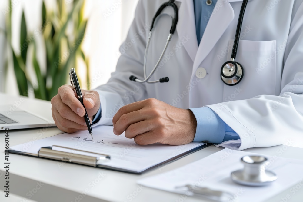 Close-up of a doctor hands writing on a medical chart with a pen, wearing a white coat and stethoscope, seated at a desk in hospital lab. Close-up of a doctor hands writing on a medical chart with a pen, wearing a white coat and stethoscope, seated at a desk in hospital lab.