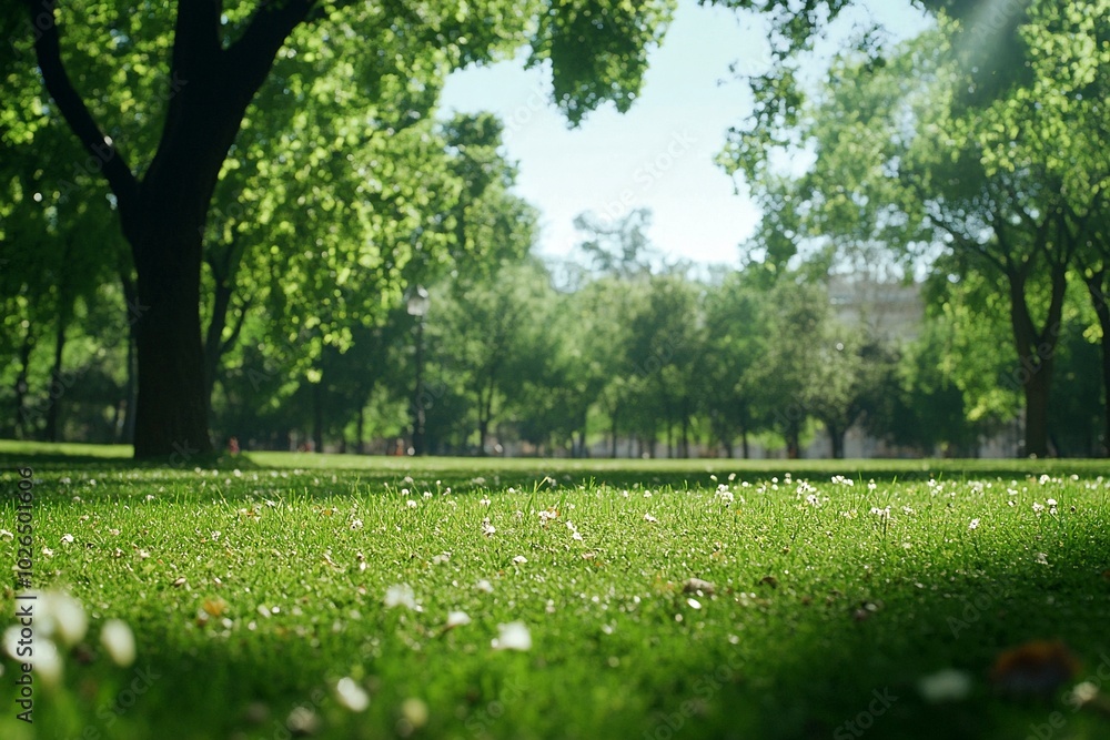 Spring park bursting with nature, green grass and trees creating a tranquil background, perfect for relaxation and joy Spring park bursting with nature, green grass and trees creating a tranquil background, perfect for relaxation and joy