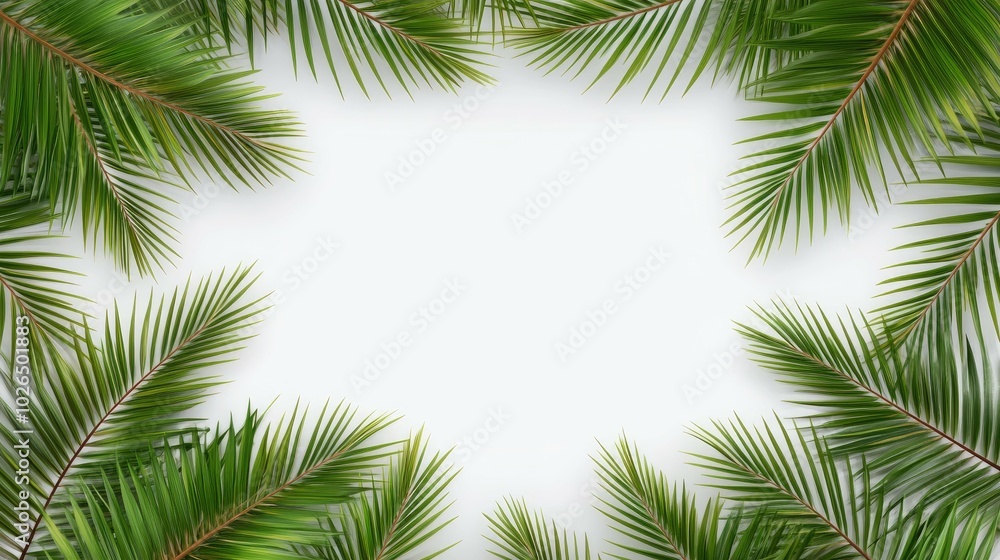 Green palm leaves frame a blank white background. Green palm leaves frame a blank white background.