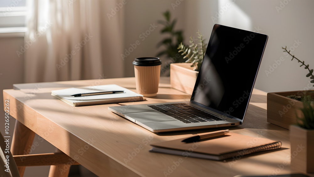 A laptop is on a wooden desk with a cup of coffee and a pen A laptop is on a wooden desk with a cup of coffee and a pen
