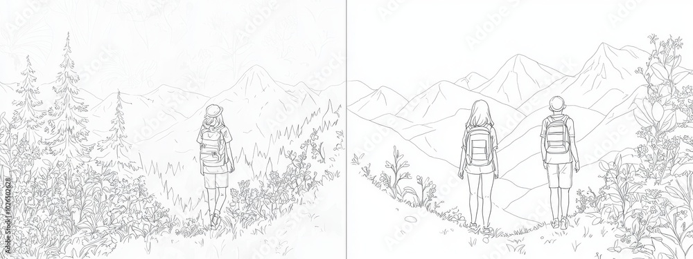 Obraz premium A collection of adult coloring pages featuring travelers in nature. Modern illustrations.