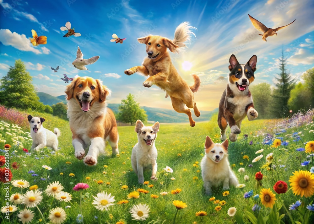Adorable Dogs and Cats Joyfully Playing in a Vibrant Field Adorable Dogs and Cats Joyfully Playing in a Vibrant Field