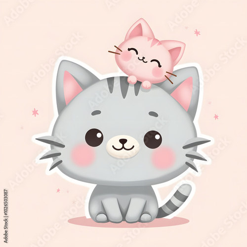 Cute gray cat with a pink kitten, cheerful mood, playful duo in cartoon style