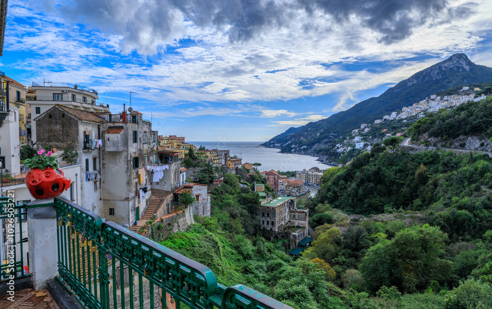 Obraz premium View of the Amalfi Coast from Vietri sul Mare: in the distance the village of Citara perched on the coast.