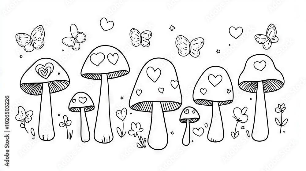 Three mushrooms in springtime with butterflies for a coloring book, coloring page, or coloring picture. Three mushrooms in springtime with butterflies for a coloring book, coloring page, or coloring picture.